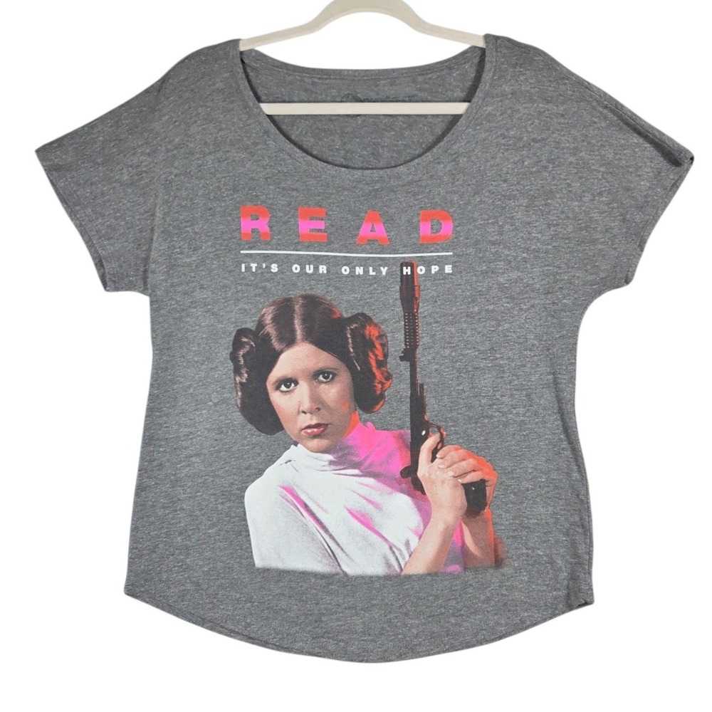 Out of Print Star Wars T-Shirt Womens Medium Gray Princess Leia READ Graphic Tee